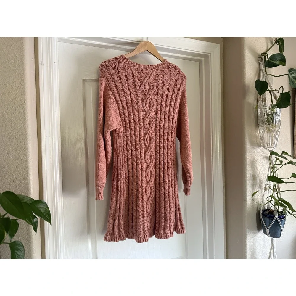 Free People Orla Cable Knit Mini Sweater Dress Pink Size L Large NWT $148